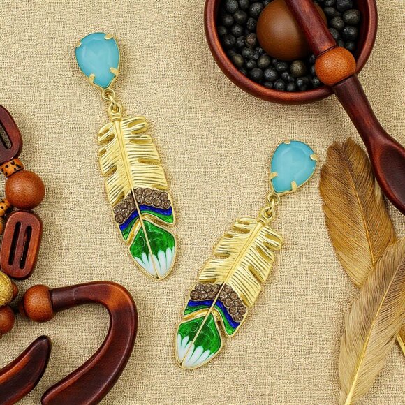 🆕️Boho Chic Feather Gemstone Earrings Gold Plated Festive Holiday Statement - Picture 7 of 11